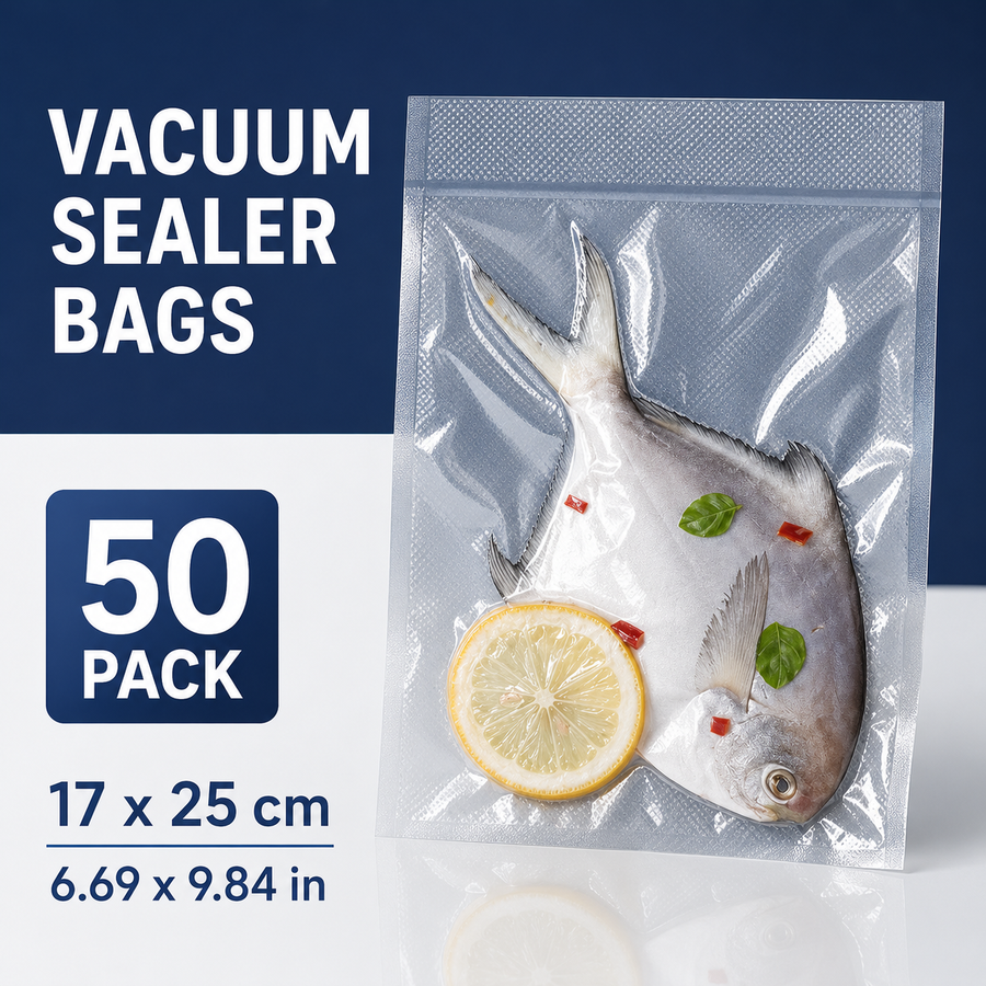 Vacuum Sealer Bags - 50 Pack, 17 x 25 cm / 6.69 x 9.84 in Embossed Food Storage Pouches for Home Vacuum Packaging