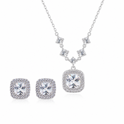 Square Halo Pendant Necklace and Stud Earrings Jewellery Set - 2 Piece Silver-Tone Crystal Look Gift Set