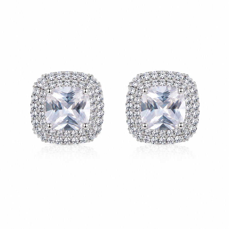 Cushion Cut Stud Earrings - 1.1cm Square Zircon Earrings, Silver-Tone Jewellery Accessory