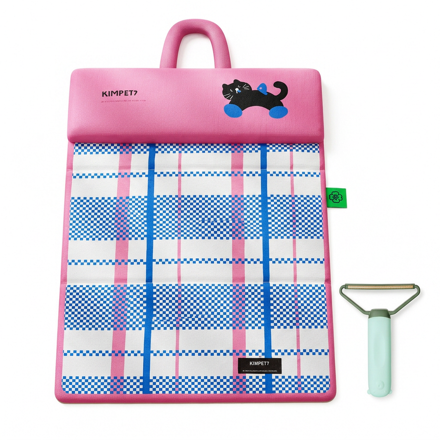 Blue Foldable Pet Cooling Mat (L) and Green Pet Hair Cleaner Set - Double-Sided Dog Bed Pad with Fabric Hair Removal Tool