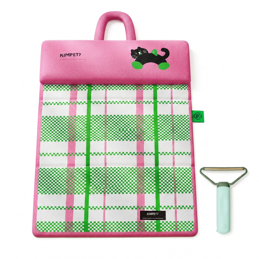 Green Foldable Pet Cooling Mat (L) and Green Pet Hair Cleaner Set - Double-Sided Dog Bed Pad with Fabric Hair Removal Tool
