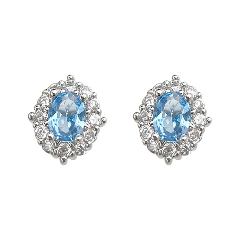 Blue Zircon Silver Plated Stud Earrings for Women - Elegant Minimalist Aquamarine Crystal Earrings for Everyday Wear