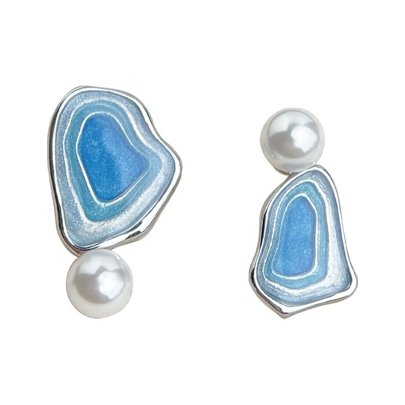 Blue Enamel Pearl Drop Earrings - Asymmetric Silver Needle Earrings with Gradient Glaze Design