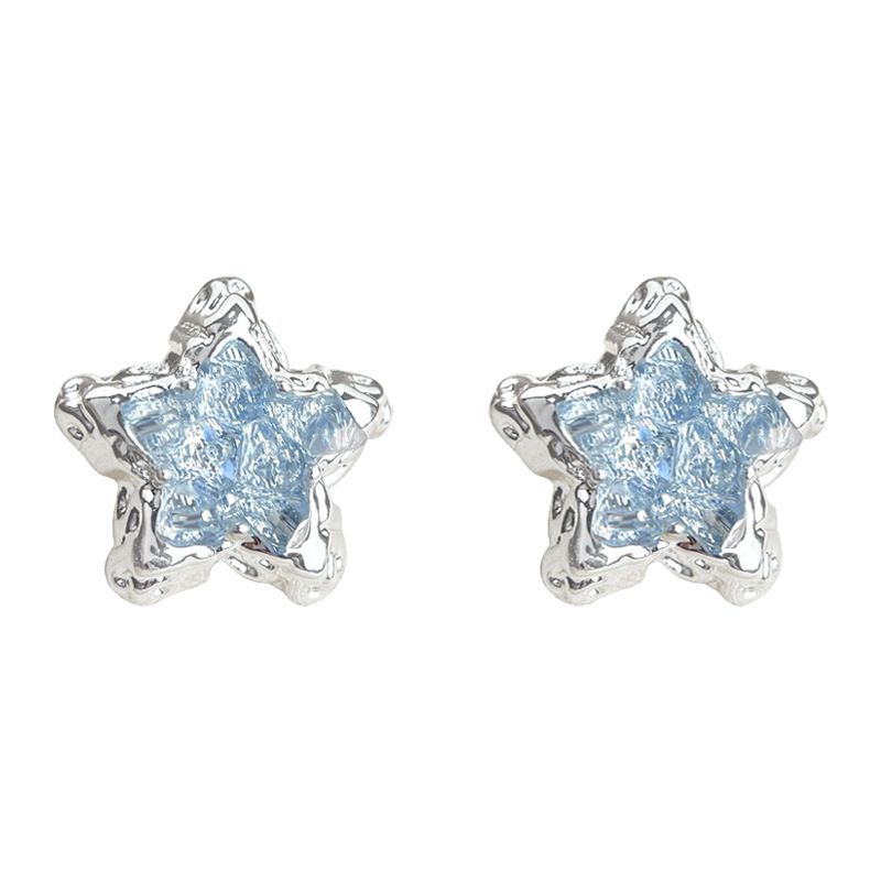 Blue Crystal Star Stud Earrings for Women - Silver Plated Star Shape Earrings with Elegant Minimalist Design