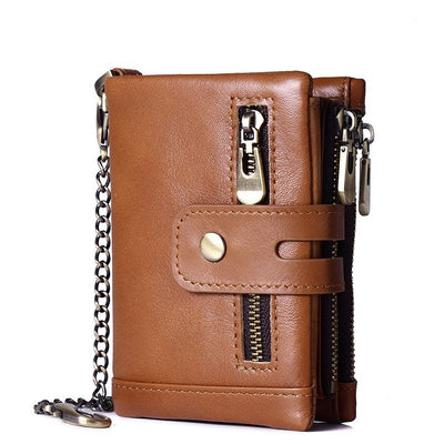 Light Brown RFID Blocking Leather Wallet for Men - Vertical Oil Wax Cowhide Bifold Wallet with Double Zipper, Card Slots & Coin Pocket
