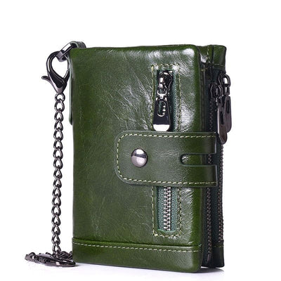 Green RFID Blocking Leather Wallet for Men - Vertical Oil Wax Cowhide Bifold Wallet with Double Zipper, Card Slots & Coin Pocket