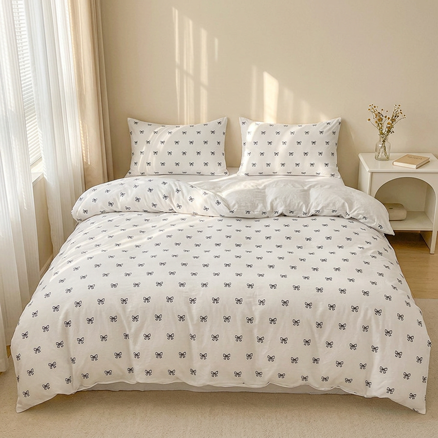 Bow Print Bedding Set - 3 Piece Set - Quilt Cover 200 x 229 cm with 2 Pillowcases 51 x 66 cm - White and Black Bow Pattern