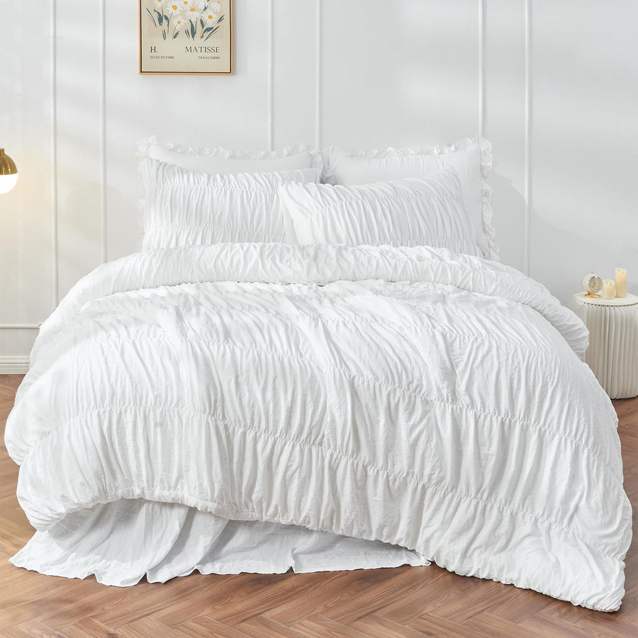 Wrinkle Textured Bedding Set - 3 Piece Quilt Cover and Pillowcase Set - White Bohemian Style（Double）