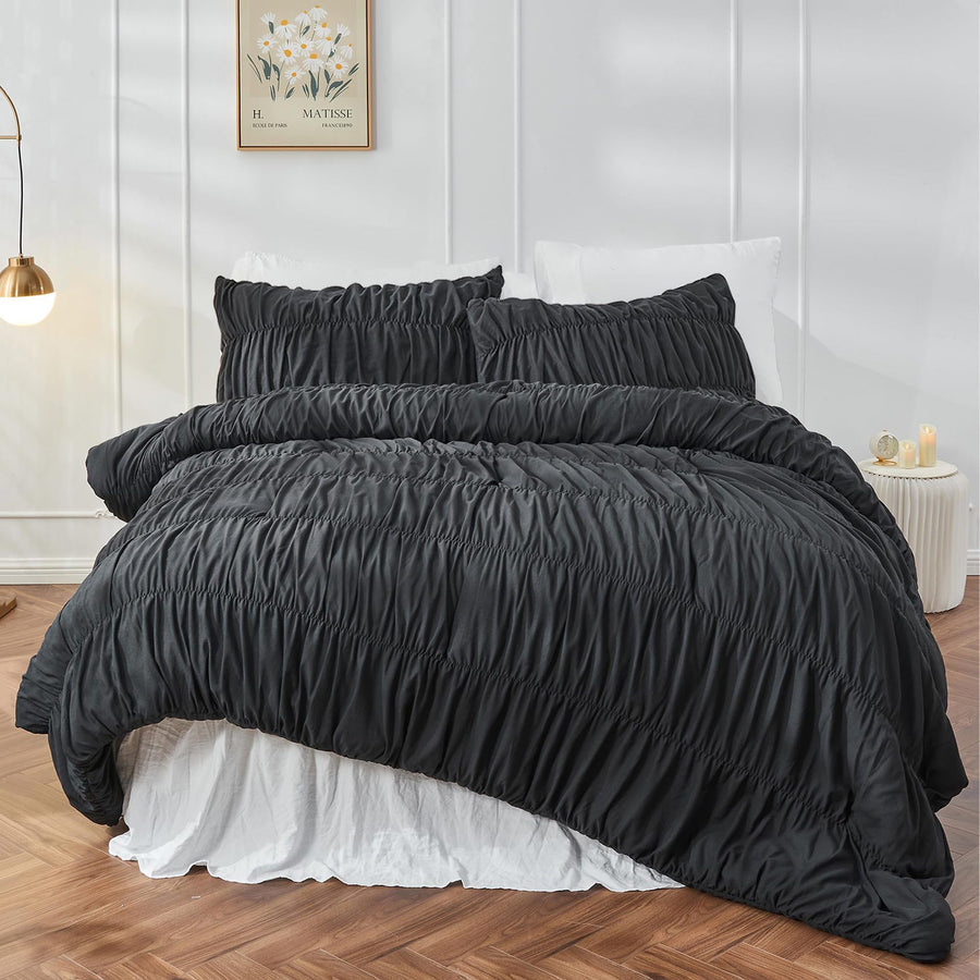 Wrinkle Textured Bedding Set - 3 Piece Quilt Cover and Pillowcase Set - Black Bohemian Style（King）