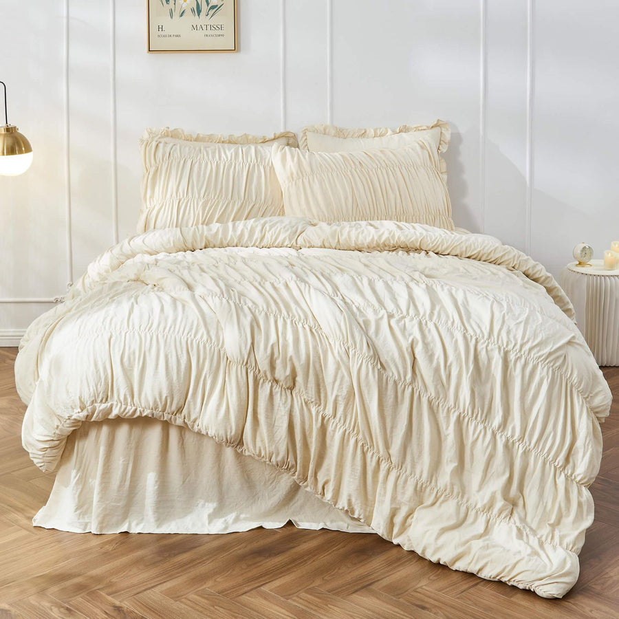 Textured Bohemian Ruffled Quilt Cover Set, Soft Crinkle Bedding Set with 1 Duvet Cover and 1 Pillowcases (Single)
