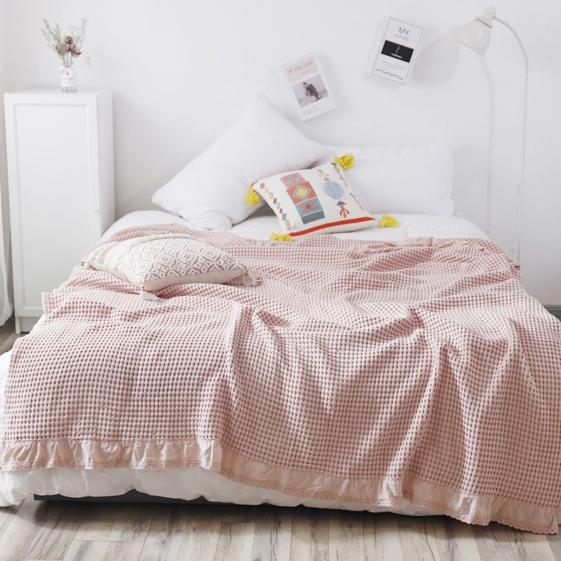 Cotton Waffle Blanket - Pink Textured Throw 110x160cm for Sofa, Office and Travel Use