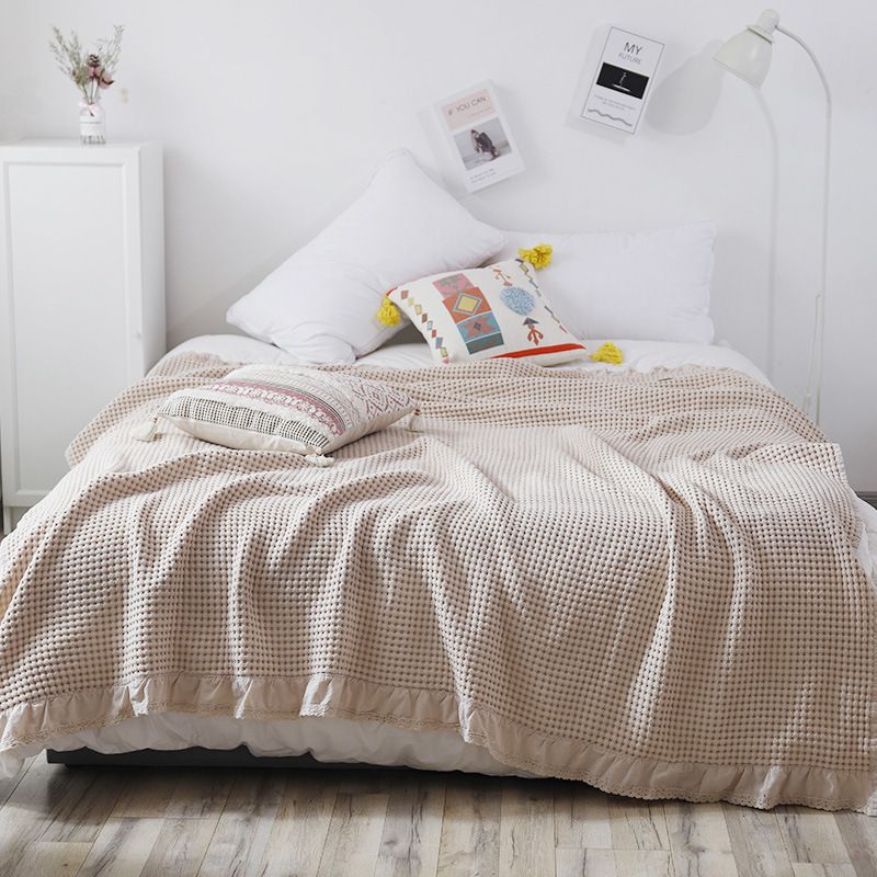 Cotton Waffle Blanket - Beige Textured Throw 150x200cm for Sofa, Office and Travel Use