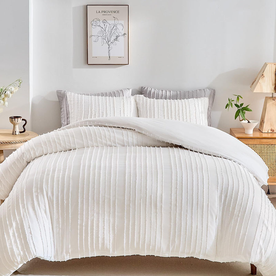 White Tufted Stripe Bedding Set - Single 2 Piece Quilt Cover and Pillowcase Set-(Single)