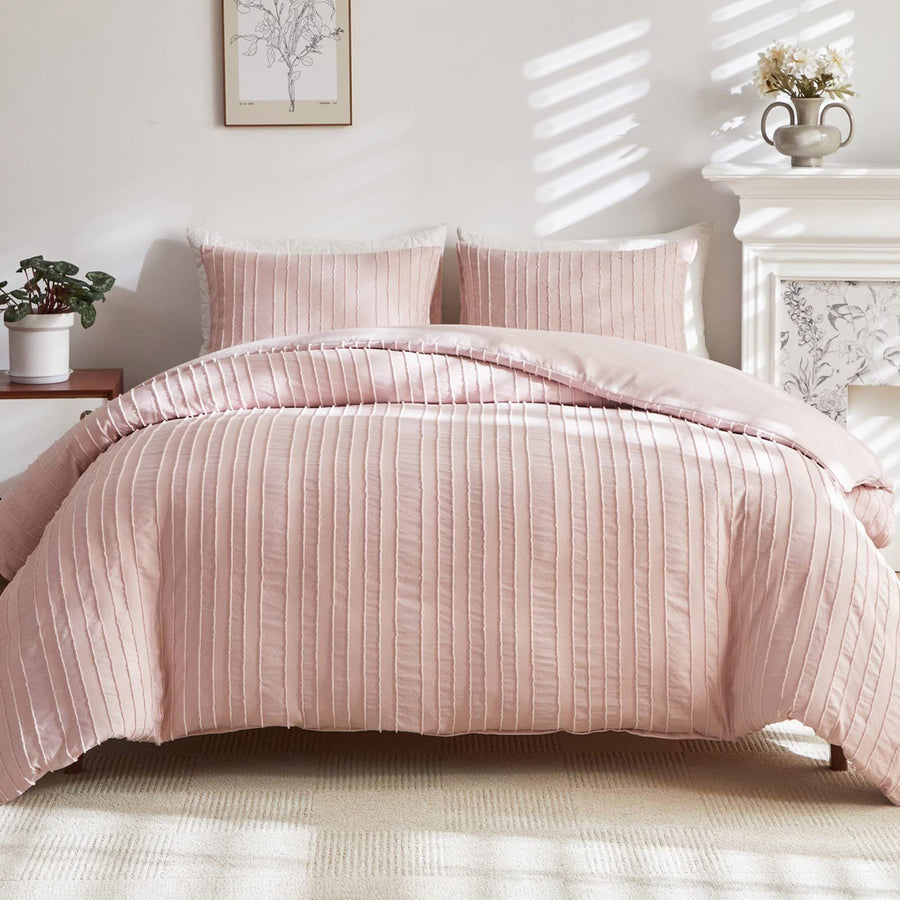 Pink Tufted Stripe Bedding Set - Single 2 Piece Quilt Cover and Pillowcase Set-(Single)
