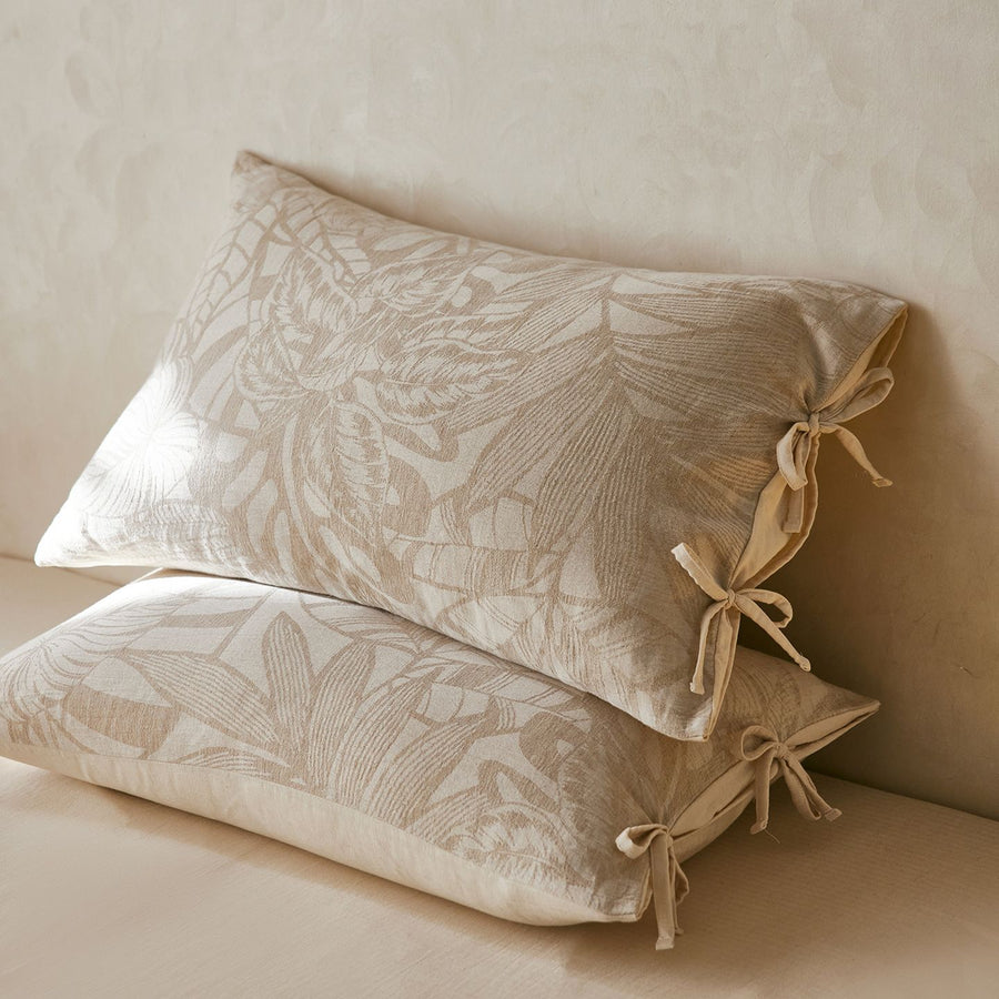 Linen Cotton Pillowcase Pair with Tie Closure Floral Pillow Covers 48x74cm (Style 3)