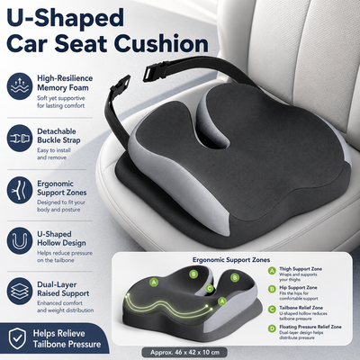 Black Ergonomic U-Shaped Double-Layer Raised Car Seat Cushion with Breathable Cover and Buckle Straps - High Elasticity Memory Foam Driver Cushion, Coccyx Relief & Posture Improval