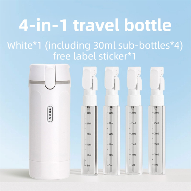 4-in-1 White Compact Travel Cosmetic Dispenser Bottle - 4 x 30ml Refillable Pump Toiletries Containers, Lockable & Leakproof Design, Space-Saving & Free Labels for Shampoo Lotion Cream Perfume
