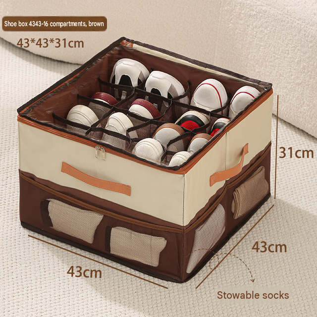 Beige and Coffee Foldable Shoe Storage Box with Dustproof Clear Top Window, 16 Grid Dividers, Sock Pockets & Handle - Moisture Resistant Oxford Shoe Organizer, Free Installation and Compact for Closet Bedroom Home Storage
