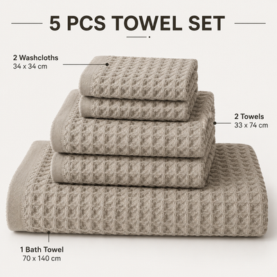 5 Piece Grey Waffle Weave 100% Cotton Towel Set - Quick Dry Absorbent Bath Towel, 2 x Towels and 2 x Face Towels with Hanging Hook for Home and Guest Use