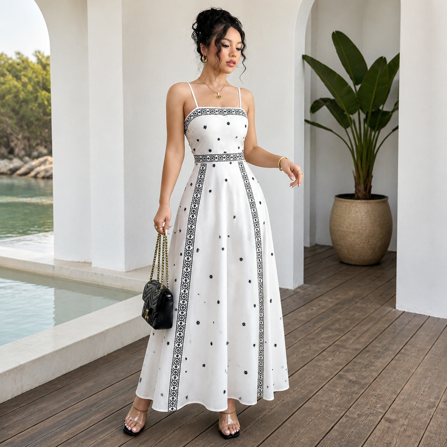 Women's White Boho Print Maxi Dress M Size - Stretch Polyester Fabric, Spaghetti Straps, Fitted Waist and A-Line Silhouette for Spring Summer Beach Vacations, Travel, Parties and Events