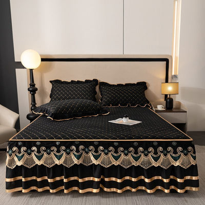 Blue and Gold European Soft Brushed Quilted Bed Skirt + 2 Pillowcases Set - Breathable Padded 200 x 220CM Mattress Cover with Lace Trim and 45CM Elevated Valance, All Season Dust Protection