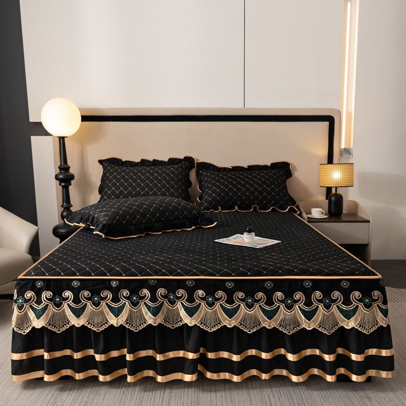 Green and Gold European Soft Brushed Quilted Bed Skirt + 2 Pillowcases Set - Breathable Padded 180 x 200CM Mattress Cover with Lace Trim and 45CM Elevated Valance, All Season Dust Protection