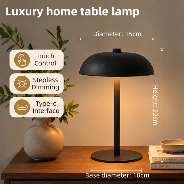 Black Metal Mushroom Table Lamp with Top Touch Control, 3 Colour Mode & Stepless Dimming - USB-C Rechargeable Night Light, Stable Base and High-Transmittance Shade for Bedside and Dining