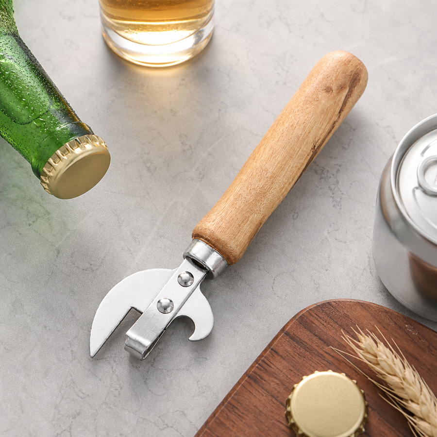 3 in 1 Stainless Steel Bottle Opener with Wood Handle (3 Pack) - Wine Corkscrew, Beer Cap and Can Opener, Compact Bar Tool for Kitchen Picnics and Hospitality