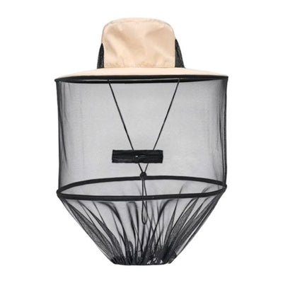 Beige Foldable Mosquito Net Fishing Hat with Storage Bag - Wide Brim Sun Shade and Adjustable Dense Mesh Face Veil, Outdoor Headwear for Angling & Leisure