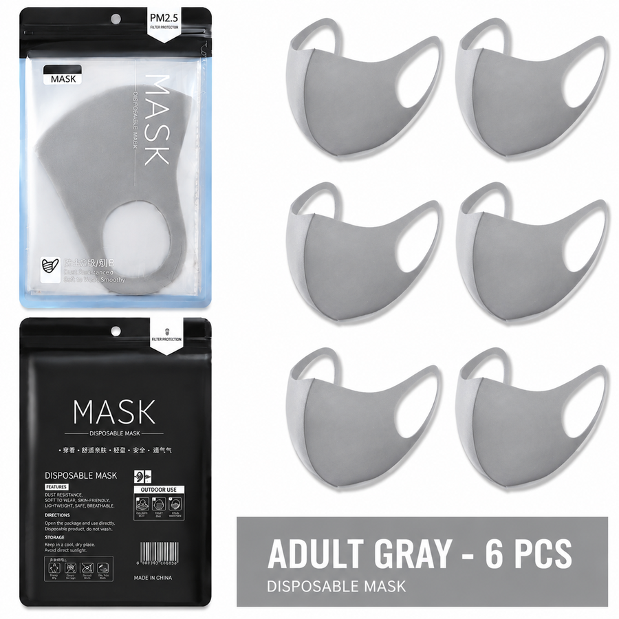 Summer Reusable Ice Silk Cooling Face Mask - Breathable 3D Mesh Design with Lip Space, Dust & Haze Protective in Grey 6 Pack