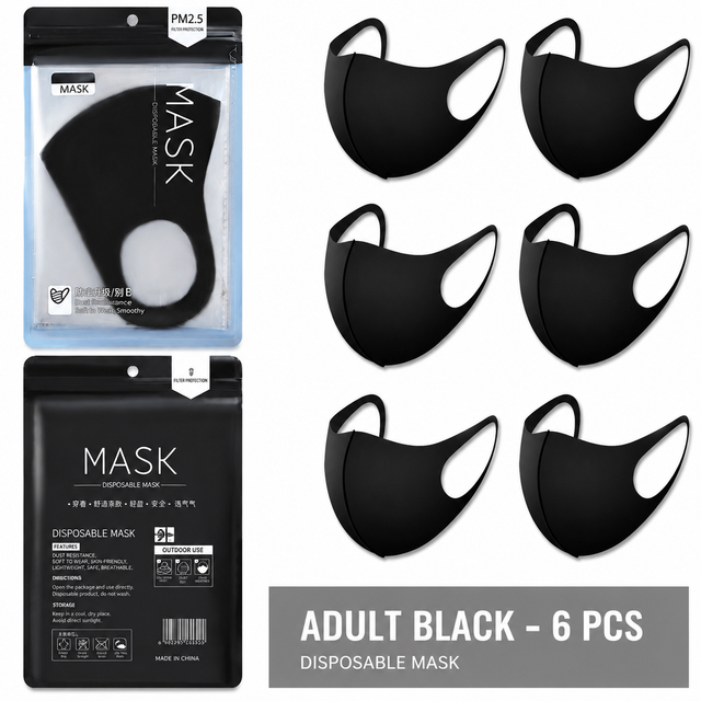 Summer Reusable Ice Silk Cooling Face Mask - Breathable 3D Mesh Design with Lip Space, Dust & Haze Protective in Black 6 Pack