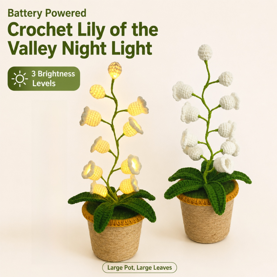 White Crochet Single Lily of the Valley Night Light - Handmade Cotton Yarn LED Potted Flower Warm Lamp, 3 Brightness Adjustment, Battery Operated Desk Decor & Creative Christmas Gift