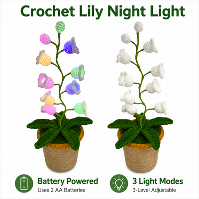 White Crochet Single Lily of the Valley Night Light - Handmade Cotton Yarn LED Potted Flower Colorful Lamp, 3 Brightness Adjustment, Battery Operated Desk Decor & Creative Christmas Gift