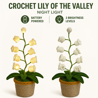 Beige Crochet Single Lily of the Valley Night Light - Handmade Cotton Yarn LED Potted Flower Warm Lamp, 3 Brightness Adjustment, Battery Operated Desk Decor & Creative Christmas Gift