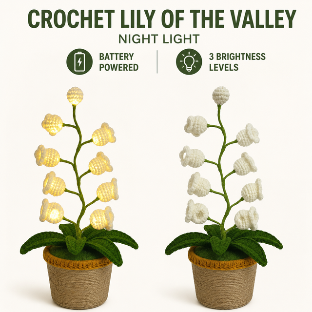 Beige Crochet Single Lily of the Valley Night Light - Handmade Cotton Yarn LED Potted Flower Warm Lamp, 3 Brightness Adjustment, Battery Operated Desk Decor & Creative Christmas Gift