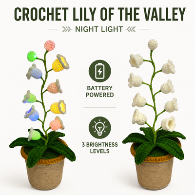 Beige Crochet Single Lily of the Valley Night Light - Handmade Cotton Yarn LED Potted Flower Colorful Lamp, 3 Brightness Adjustment, Battery Operated Desk Decor & Creative Christmas Gift