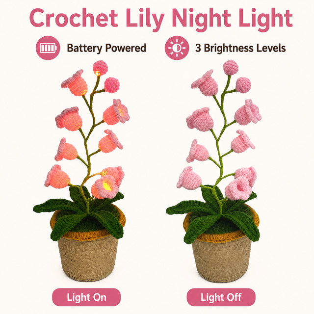 Pink Crochet Single Lily of the Valley Night Light - Handmade Cotton Yarn LED Potted Flower Warm Lamp, 3 Brightness Adjustment, Battery Operated Desk Decor & Creative Christmas Gift