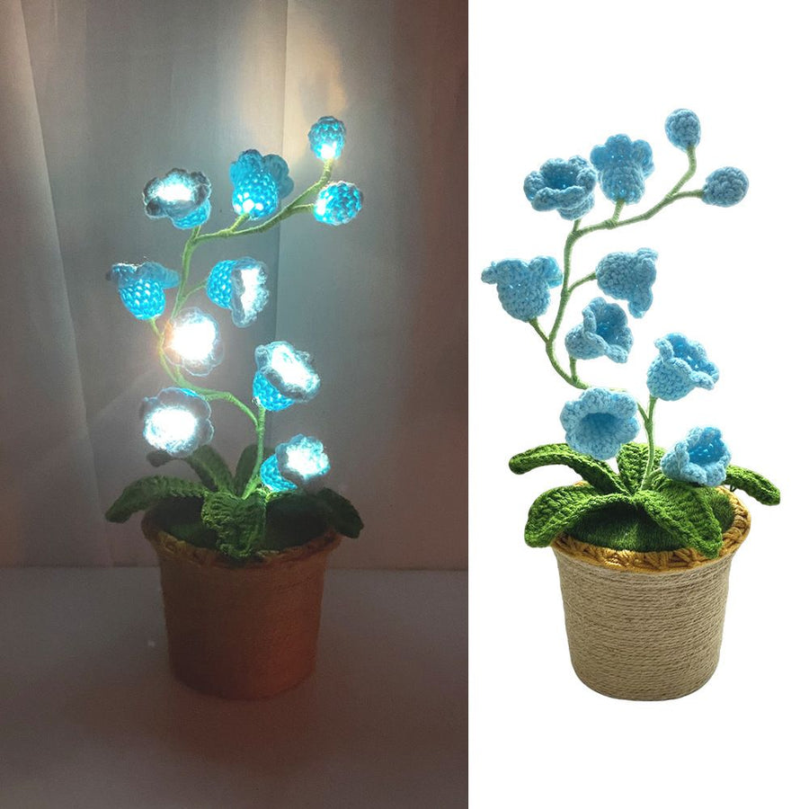 Blue Crochet Single Lily of the Valley Night Light - Handmade Cotton Yarn LED Potted Flower White Lamp, 3 Brightness Adjustment, Battery Operated Desk Decor & Creative Christmas Gift