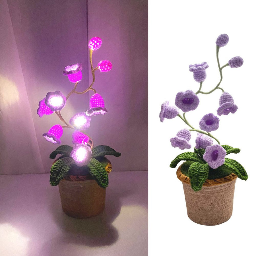 Purple Crochet Single Lily of the Valley Night Light - Handmade Cotton Yarn LED Potted Flower White Lamp, 3 Brightness Adjustment, Battery Operated Desk Decor & Creative Christmas Gift