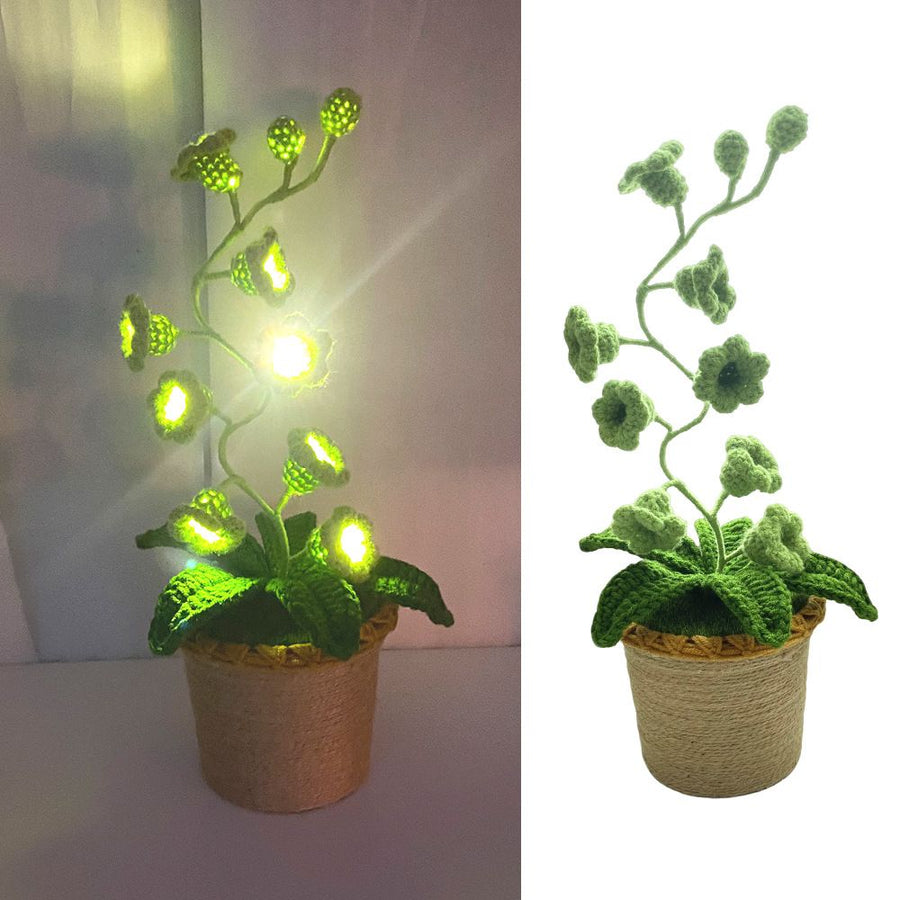 Green Crochet Single Lily of the Valley Night Light - Handmade Cotton Yarn LED Potted Flower White Lamp, 3 Brightness Adjustment, Battery Operated Desk Decor & Creative Christmas Gift