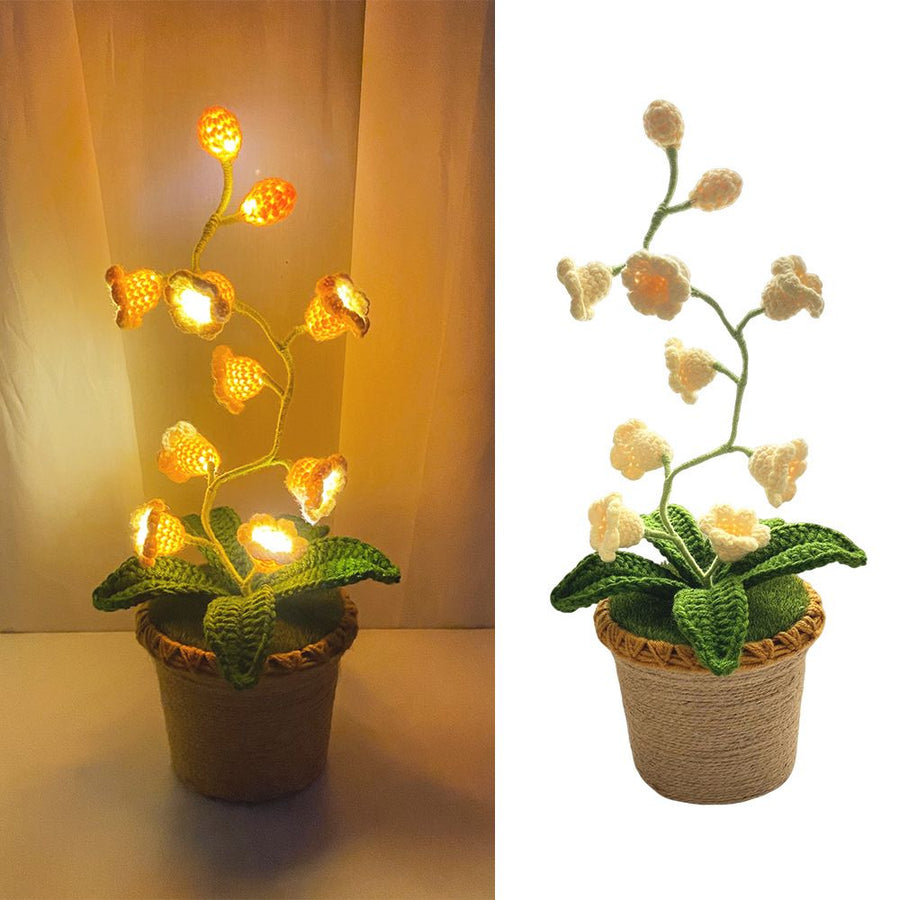Yellow Crochet Single Lily of the Valley Night Light - Handmade Cotton Yarn LED Potted Flower White Lamp, 3 Brightness Adjustment, Battery Operated Desk Decor & Creative Christmas Gift