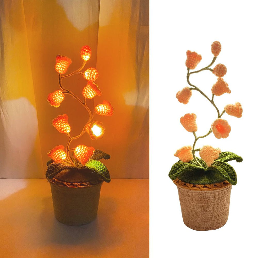 Orange Crochet Single Lily of the Valley Night Light - Handmade Cotton Yarn LED Potted Flower White Lamp, 3 Brightness Adjustment, Battery Operated Desk Decor & Creative Christmas Gift