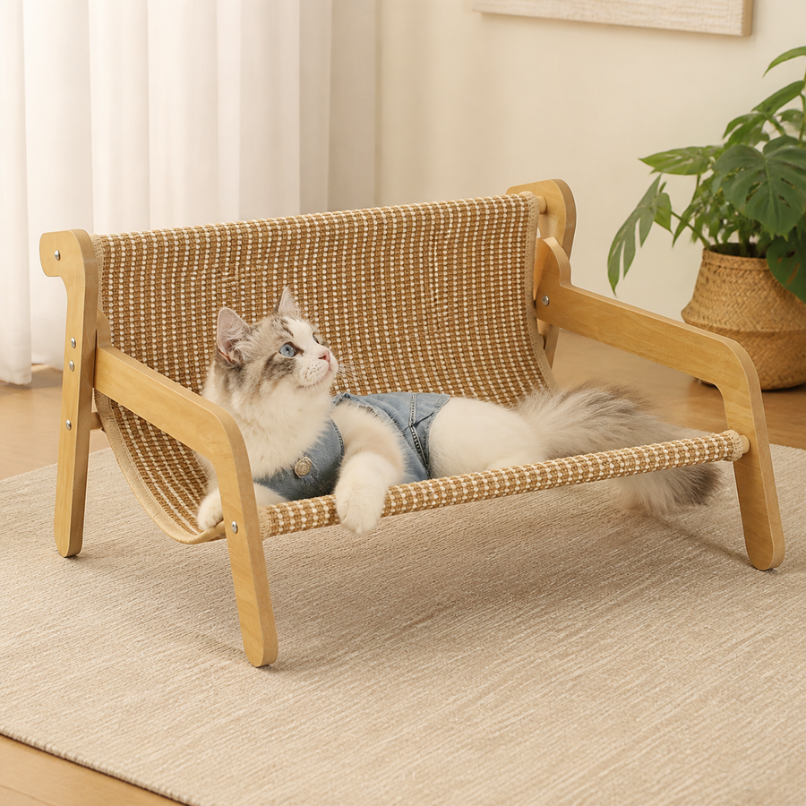 53.5 x 46 x 28 CM Large Cat Scratcher Sofa Bed with Wooden Elevated Base - Soft Sisal Breathable Lounge and Durable Scratch Board for Indoor Cats and Furniture Protection