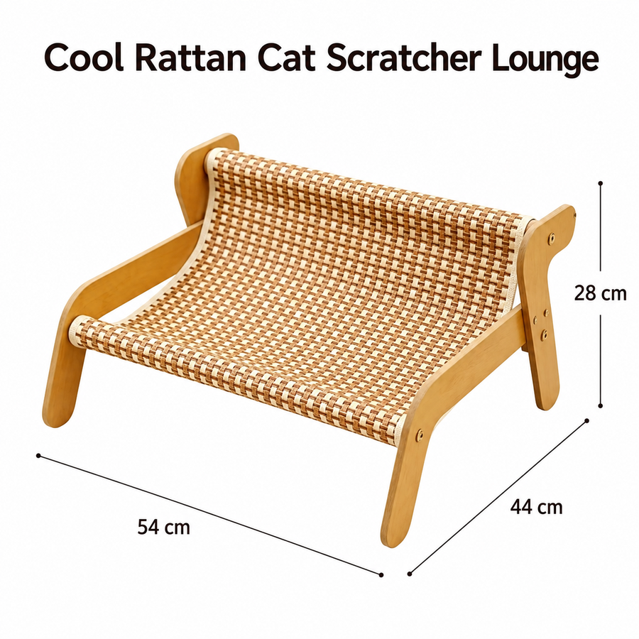 54 x 44 x 28CM Large Cat Scratcher Sofa Bed with Wooden Elevated Base - Breathable Cooling Rattan Woven Lounge and Durable Scratch Board for Indoor Cats and Furniture Protection
