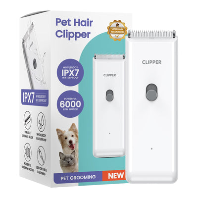White Portable Pet Grooming Clipper for Dogs and Cats - IPX7 Waterproof USB Rechargeable Low Noise Hair Trimmer with Ceramic Blade and 4 Combs for Home Veterinary Use