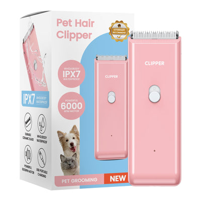 Pink Portable Pet Grooming Clipper for Dogs and Cats - IPX7 Waterproof USB Rechargeable Low Noise Hair Trimmer with Ceramic Blade and 4 Combs for Home Veterinary Use