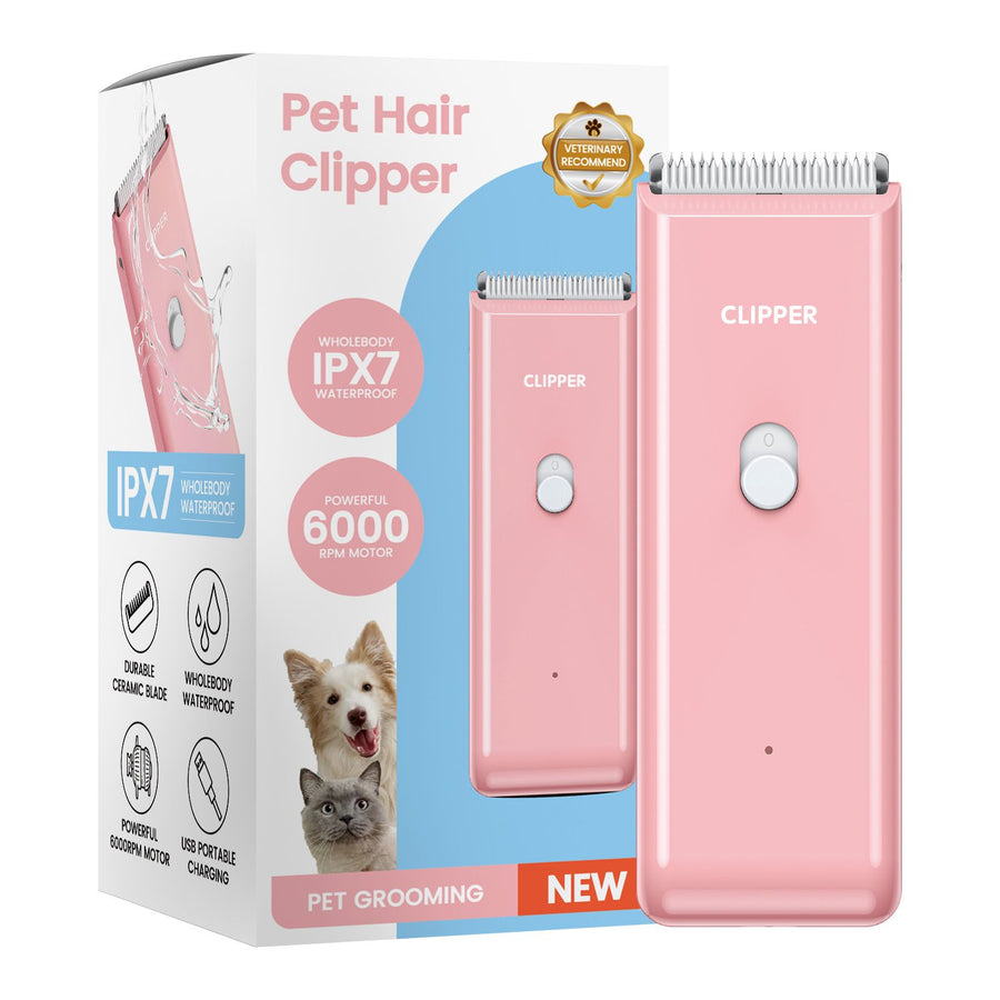 Pink Portable Pet Grooming Clipper for Dogs and Cats - IPX7 Waterproof USB Rechargeable Low Noise Hair Trimmer with Ceramic Blade and 4 Combs for Home Veterinary Use