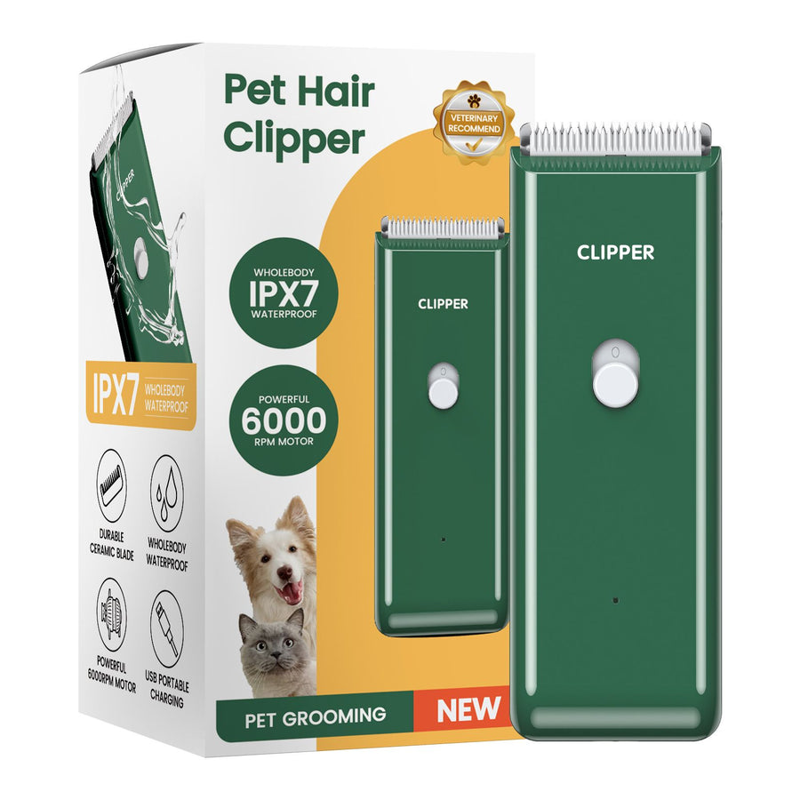 Green Portable Pet Grooming Clipper for Dogs and Cats - IPX7 Waterproof USB Rechargeable Low Noise Hair Trimmer with Ceramic Blade and 4 Combs for Home Veterinary Use