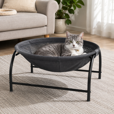Dark Grey Elevated Cat Hammock Bed - 45 x 42 x 23 cm Reinforced Iron Frame and Easily Removable Breathable Elastic Mesh, Stable Raised Cooling Lounger for Cats and Small Dogs All Season Use