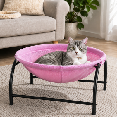Pink Elevated Cat Hammock Bed - 45 x 42 x 23 cm Reinforced Iron Frame and Easily Removable Breathable Elastic Mesh, Stable Raised Cooling Lounger for Cats and Small Dogs All Season Use